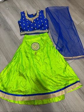 Elegant Lime Green A-Line Lehenga Skirt with Royal Blue Accents XS130